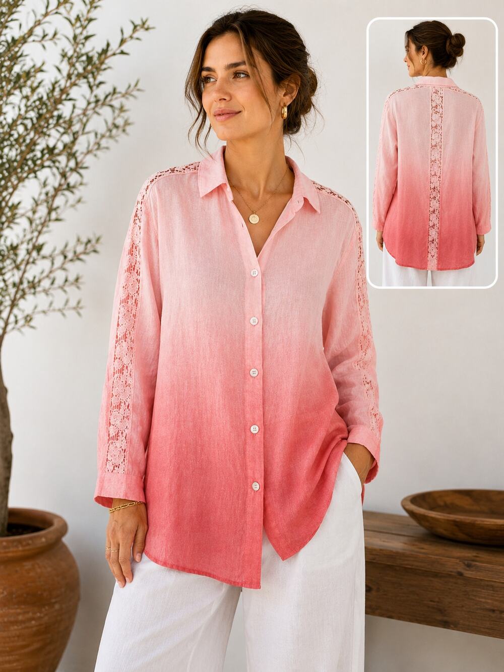Match Point USA Pink Ombré Linen Shirt S Lace Inset Mother of Pearl Buttons